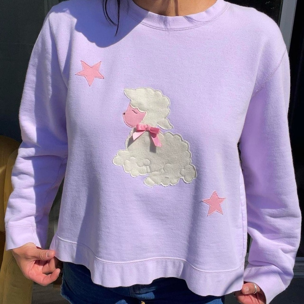 Liz Claiborne Lavender Sweater with Sheep Handmade Appliqué Patch and Bow